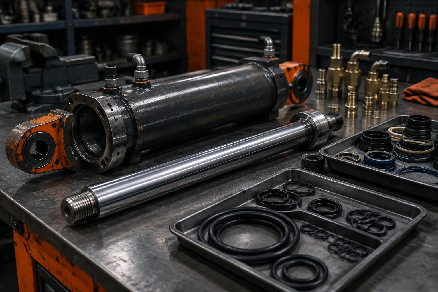 A chrome hydraulic cylinder rod laid out on a bench beside trays of seals and O-rings
