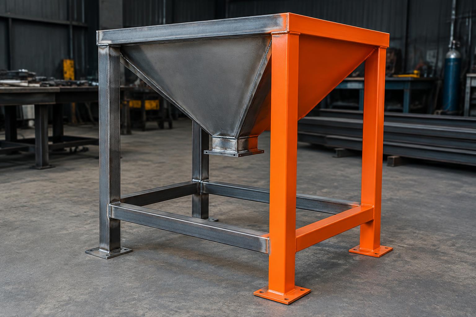 A freshly welded steel frame and hopper standing on the workshop floor with orange primer on one section