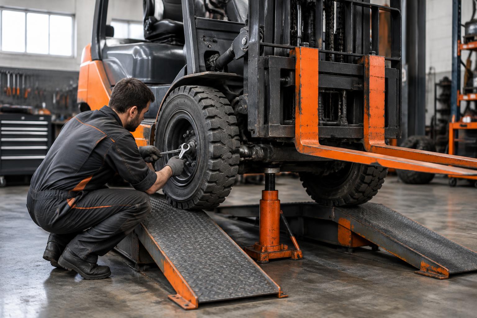 A forklift truck raised on ramps in a repair workshop with a technician working at the front axle