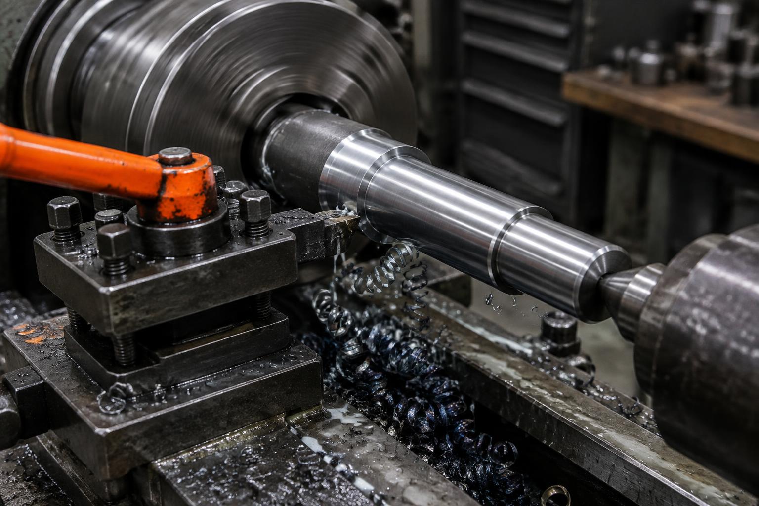 A steel shaft being turned on a manual lathe with curled swarf coming off the cut