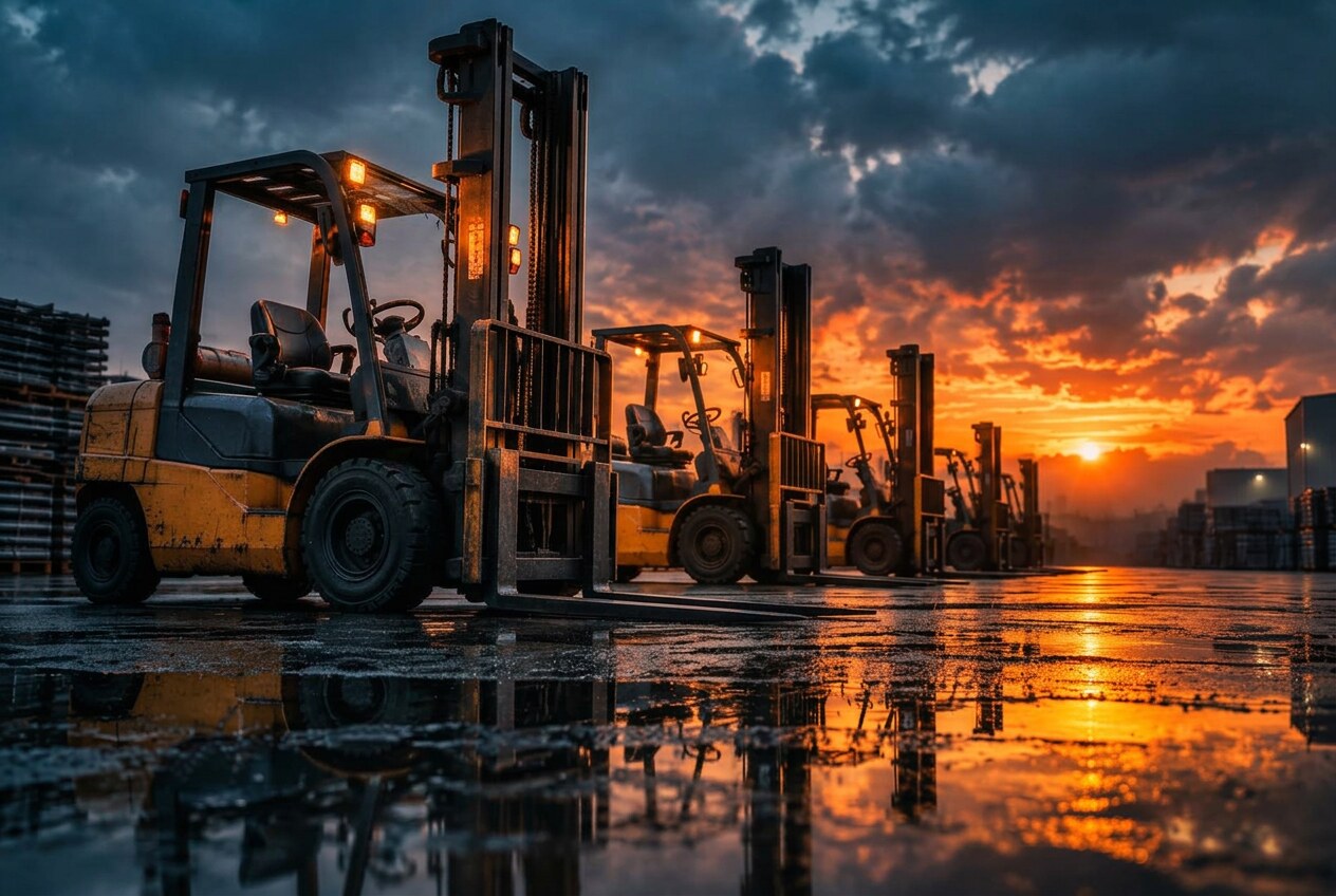 Forklift trucks lined up in the yard at dusk